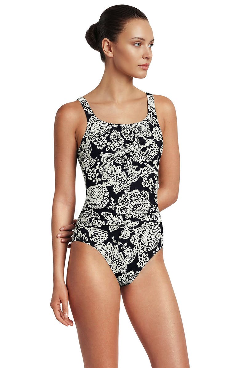 Lands' End D-Cup Slender Carmela Tummy Control Chlorine Resistant Scoop Neck One Piece Swimsuit, Main, color, Floral Medley/Black