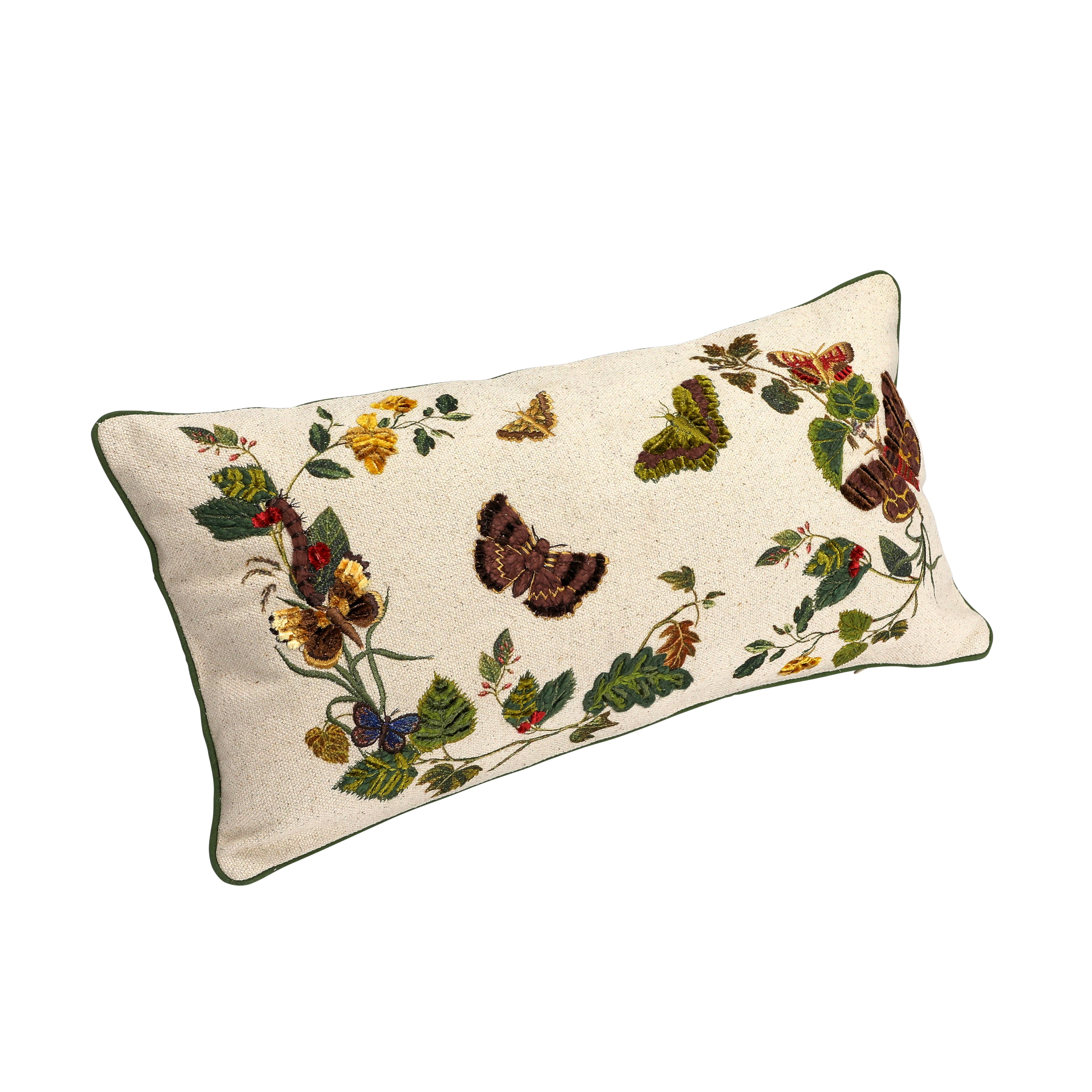 Storied Home Cotton Lumbar Pillow With Butterflies, Flowers, Embroidery And Piping, Multicolor In White