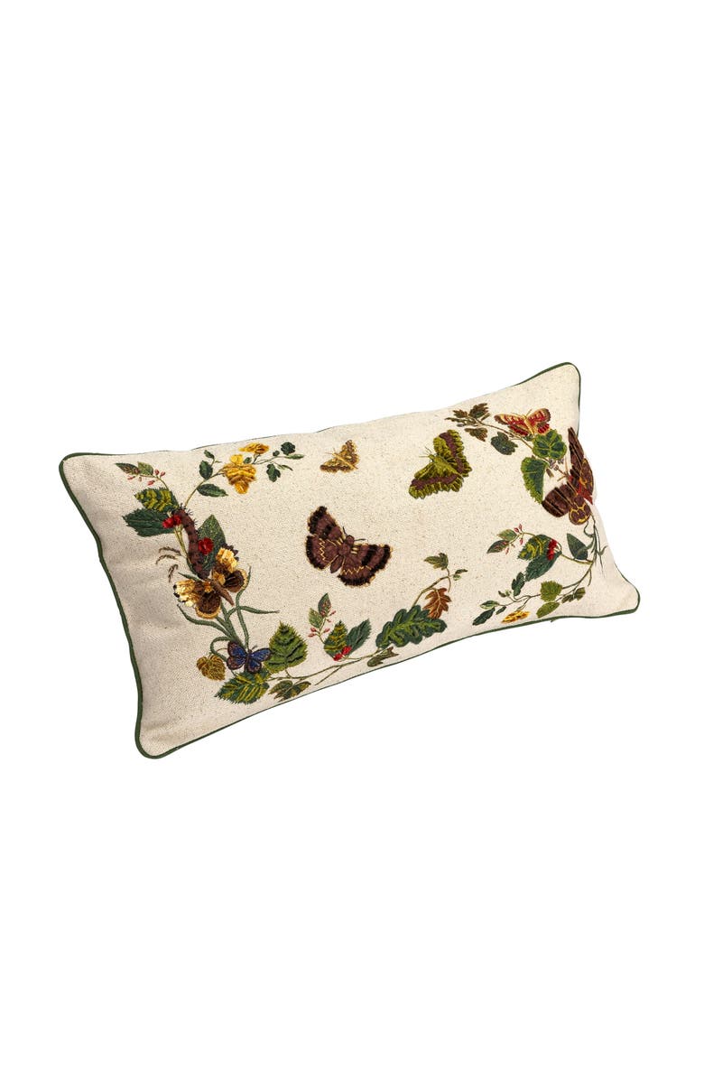 Storied Home Cotton Lumbar Pillow with Butterflies, Flowers, Embroidery and Piping, Multicolor, Main, color, 