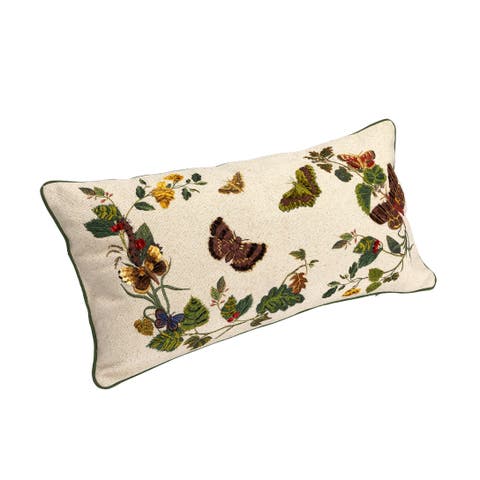 Cotton Lumbar Pillow with Butterflies, Flowers, Embroidery and Piping, Multicolor