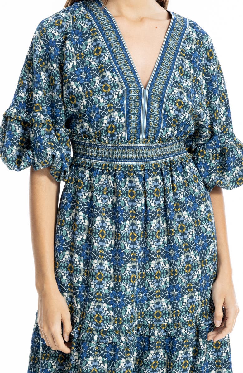 MAX STUDIO Elbow Sleeve Ruffle Midi Dress, Alternate, color, Spruce Fold Flower Grid Panel