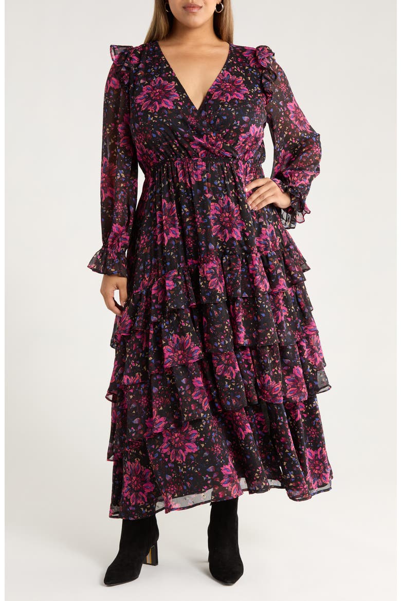 Tiered Ruffle Faux Wrap Maxi Dress, Main, color, BLACK-PINK PAINTERLY MEDALLION