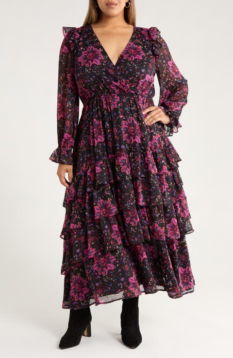 Tiered Ruffle Faux Wrap Maxi Dress (Plus)