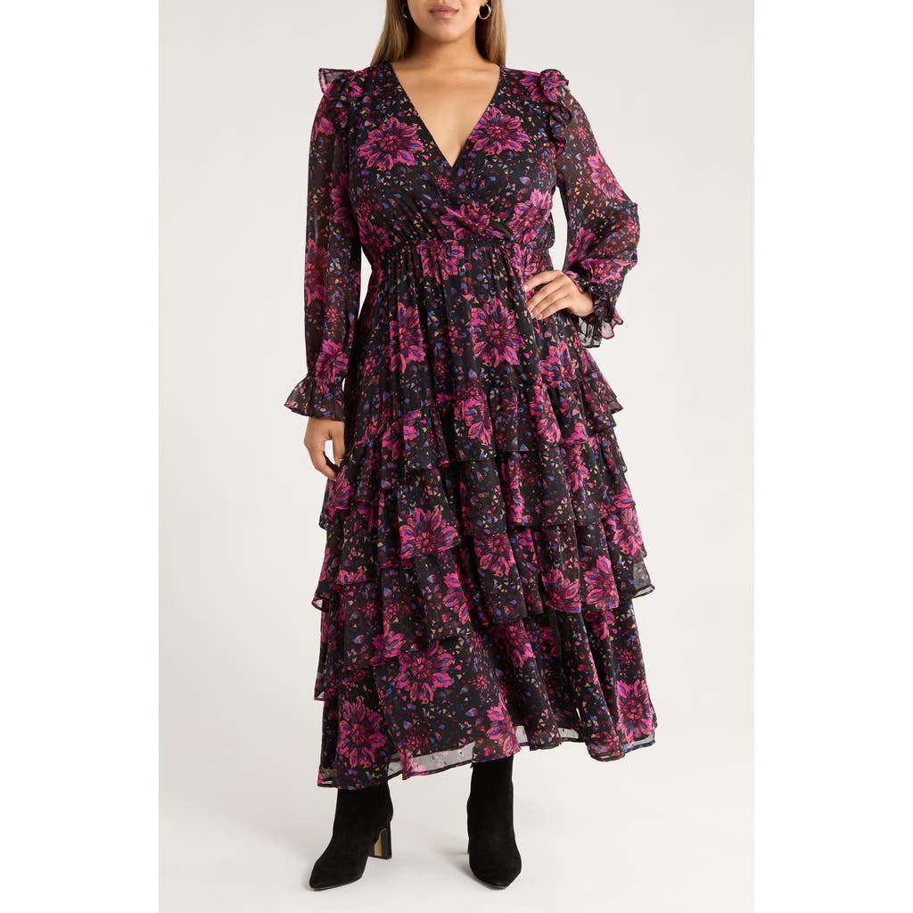 Treasure & Bond Tiered Ruffle Faux Wrap Maxi Dress In Black