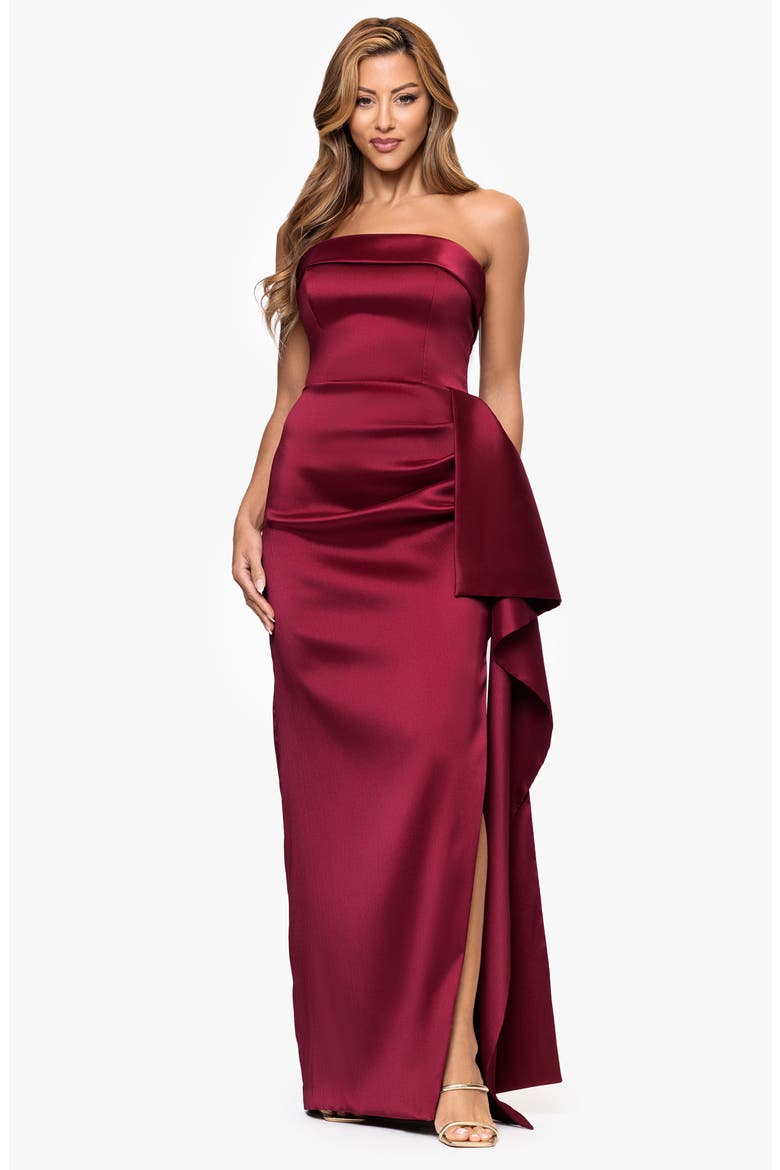 Ruffle Strapless Mikado Column Gown, Alternate, color, WINE