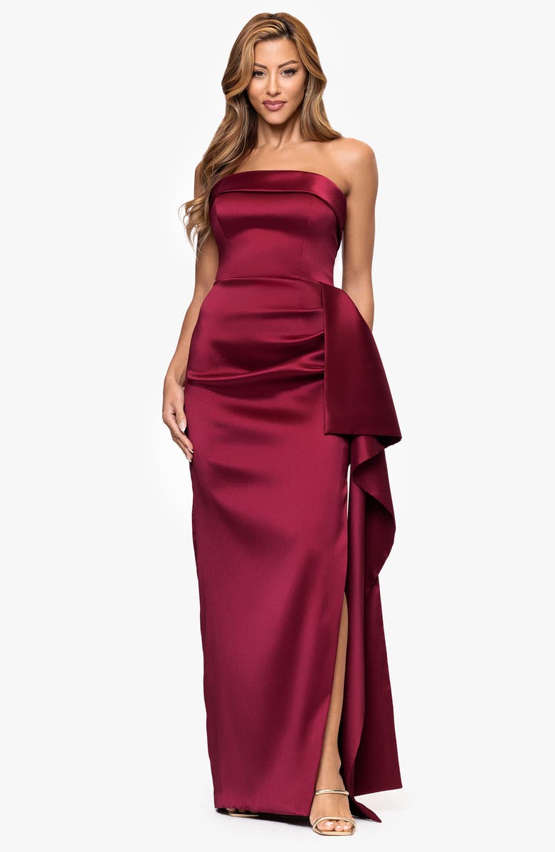 Xscape Evenings Ruffle Strapless Mikado Column Gown, Alternate, color, Wine