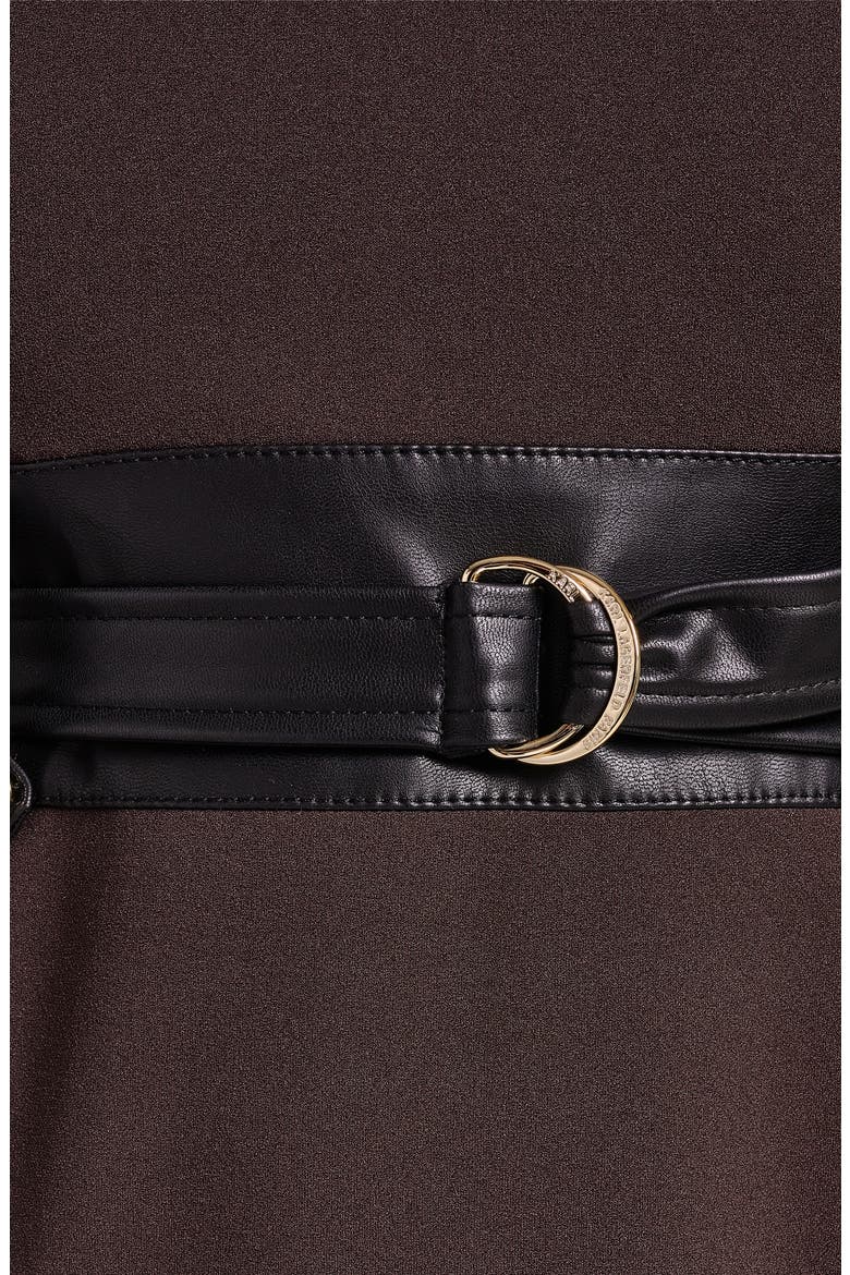 Faux Leather Detail Belted Scuba Crepe Sheath Dress, Alternate, color, ESPRESSO/ BLACK