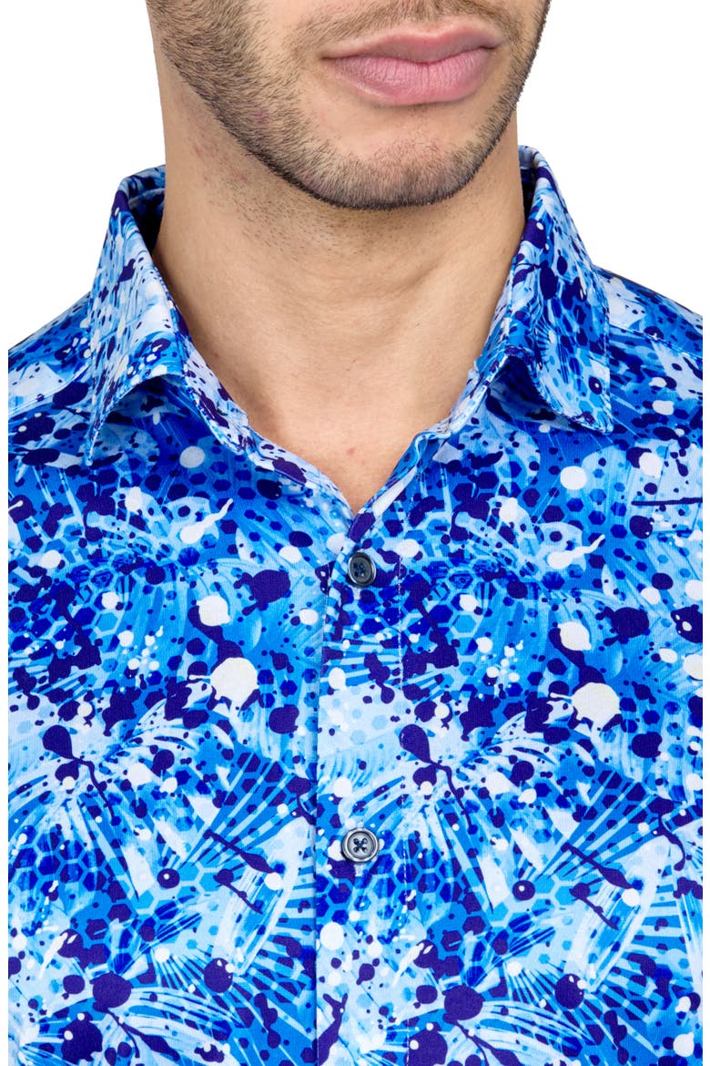 Regular Fit Palm Splatter Print Recycled Performance Golf Button-Down Shirt, Alternate, color, MULTI