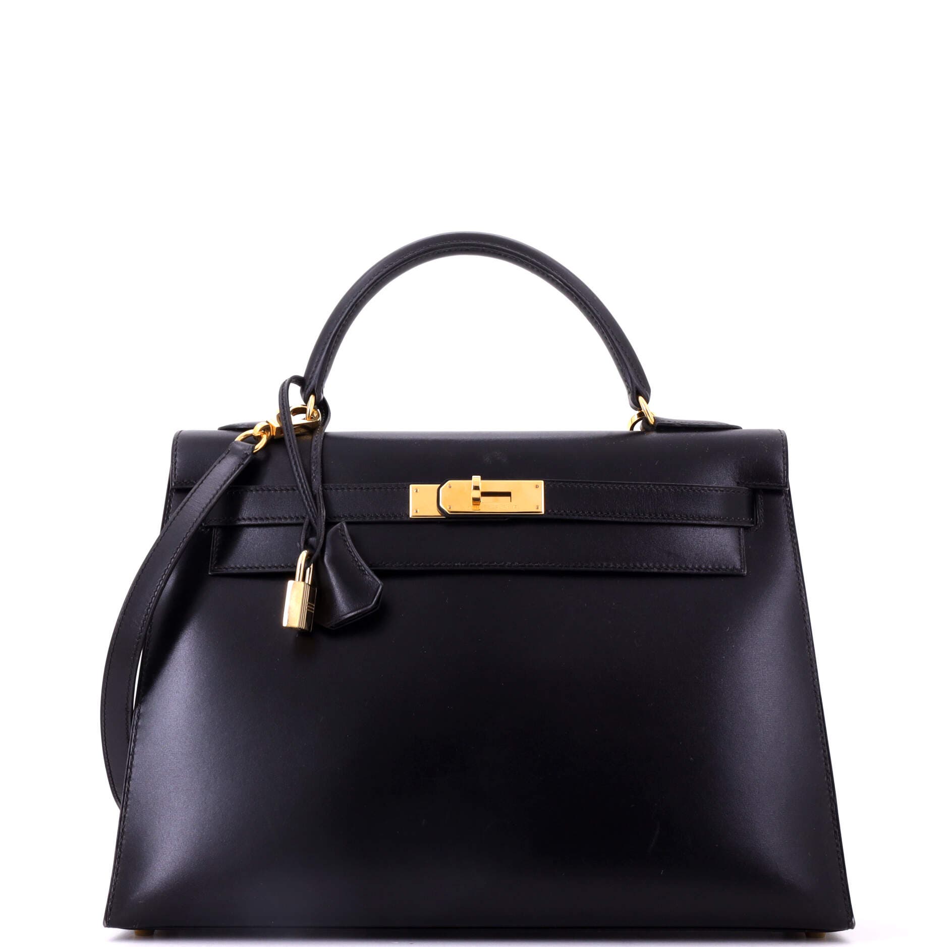 Pre-Owned Hermes Kelly Handbag Black Box Calf with Gold Hardware 32, Main, color, Noir