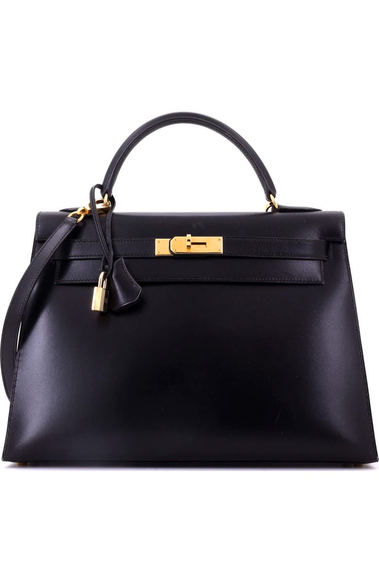 Pre-Owned Hermes Kelly Handbag Black Box Calf with Gold Hardware 32, Main, color, Noir