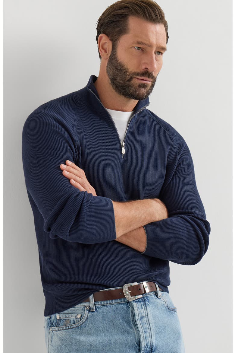 Cotton English rib sweater with half zip and raglan sleeves, Alternate, color, Navy Blue