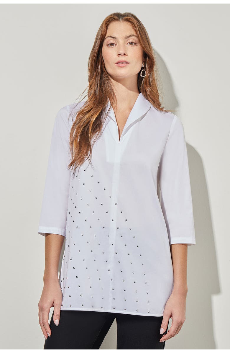Ming Wang Stud Detail Shawl Collar Cotton Blend Shirt, Main, color, White