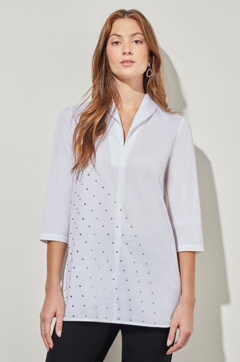 Stud Detail Shawl Collar Cotton Blend Shirt