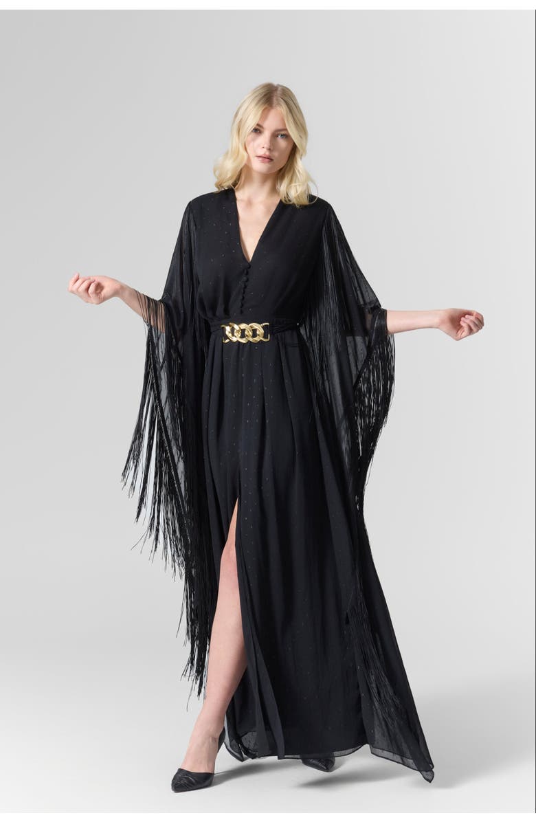 Le Fafo Luna Fringe Belted Gown Dress, Main, color, Black