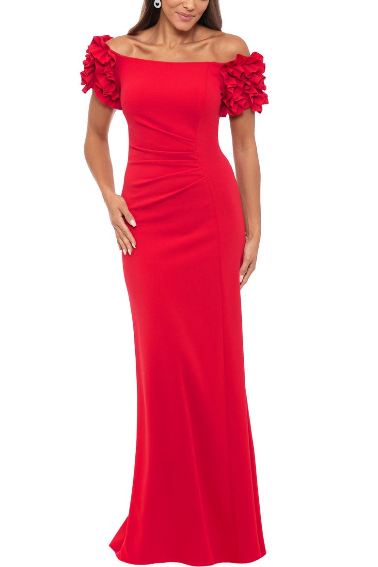 Ruffle Off the Shoulder Scuba Crepe Gown, Main, color, RED
