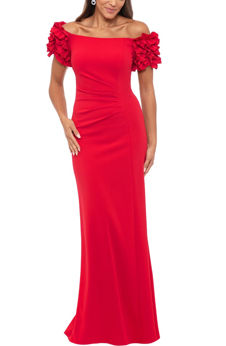 Xscape Evenings Ruffle Sleeve Off the Shoulder Gown, Main, color,