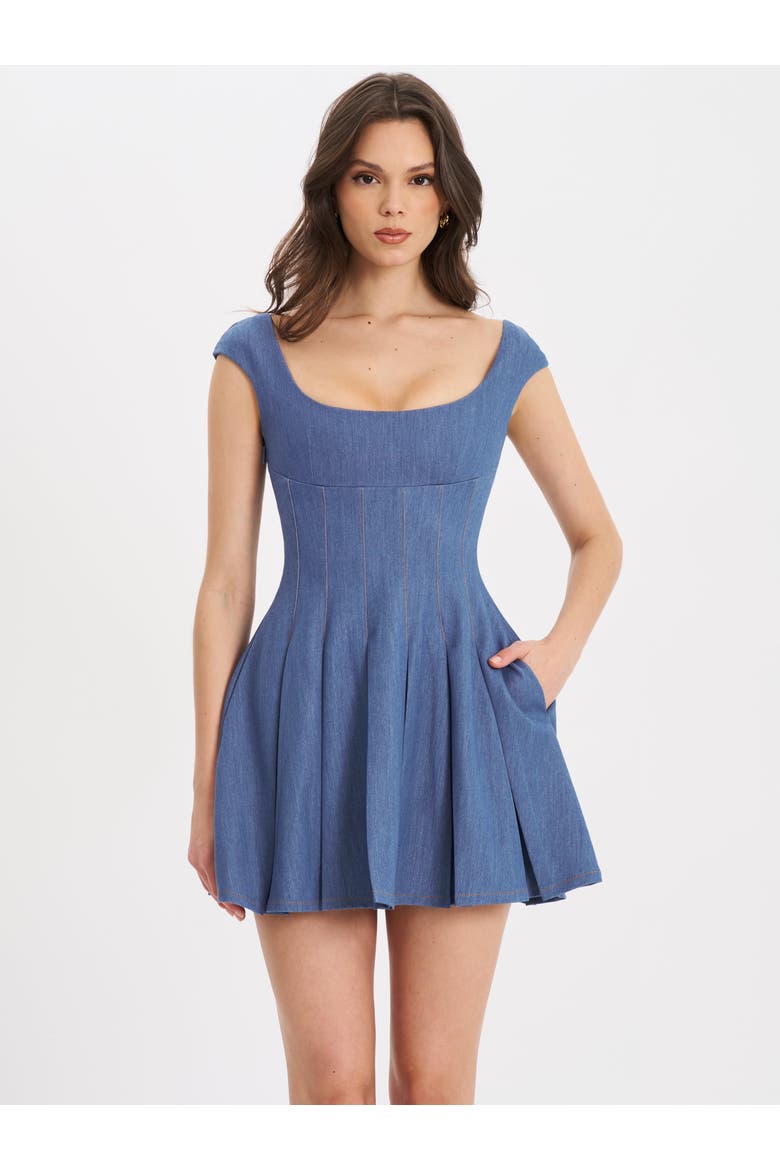 Sada Pleated Denim Mini Dress, Alternate, color, blue