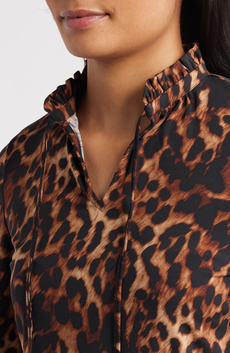 Anne Klein Leopard Print Split Neck Smocked Cuff Top, Alternate, color, 