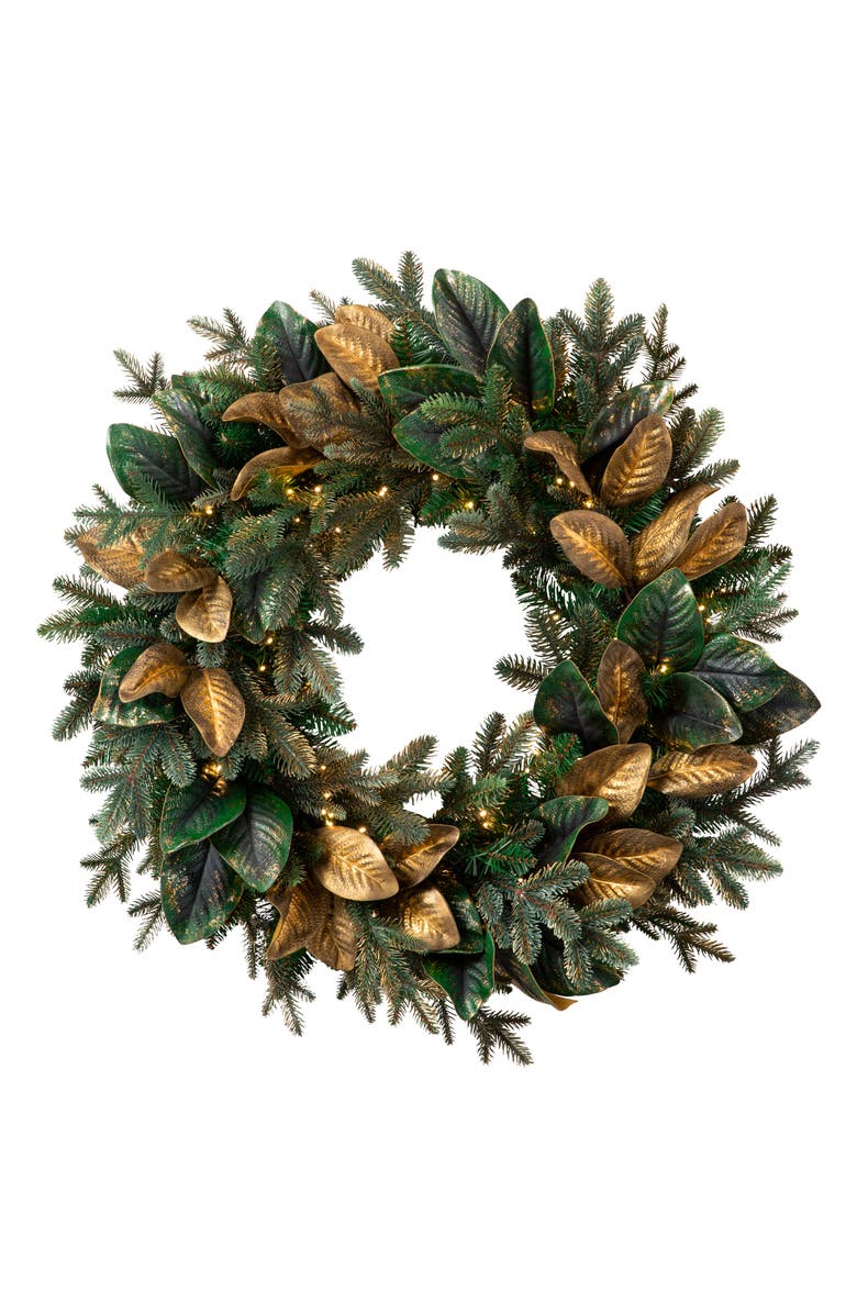 Balsam Hill Magnolia Gilded Leaf Pre Lit Artificial Wreath, Main, color, 