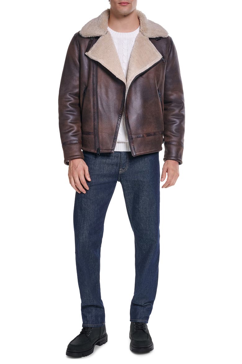 Asymmetrical Faux Leather Moto Jacket with Faux Shearling Lining, Alternate, color, BROWN