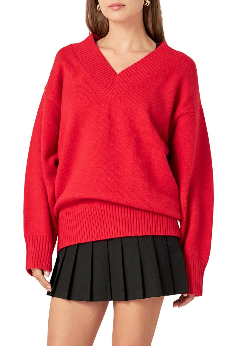 Oversize V-Neck Sweater, Alternate, color, RED