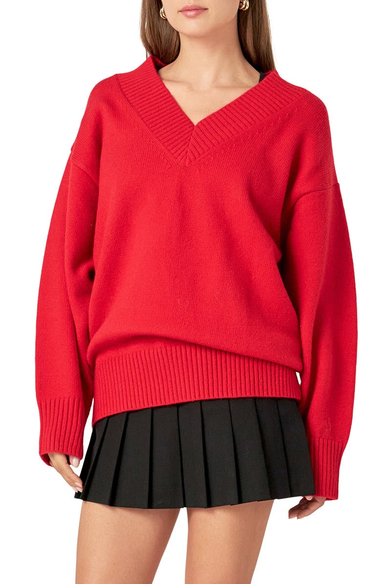 English Factory Oversize V-Neck Sweater, Alternate, color, Red