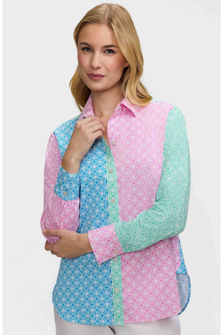 Meghan Geo Lattice Cotton Button-Up Shirt, Alternate, color, PINK/ MULTI