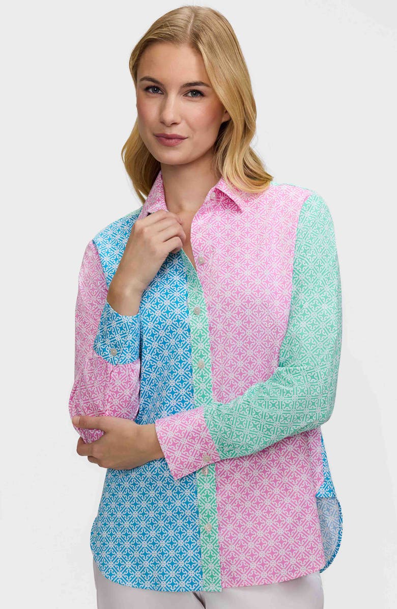 Foxcroft Meghan Geo Lattice Cotton Button-Up Shirt, Alternate, color,