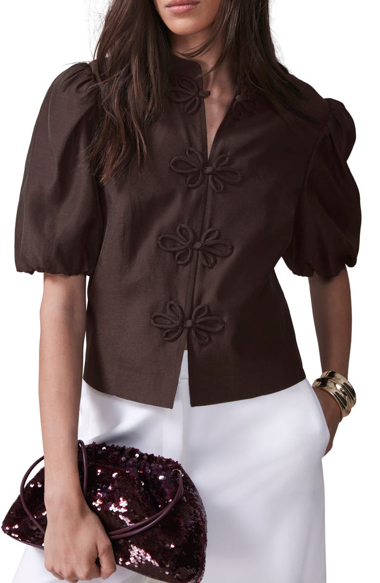 MINT VELVET Puff Sleeve Top with Flower Detail, Main, color, Burgundy