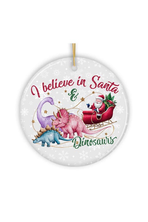 Santa And Dinosaurs Sleigh Ride Ceramic Ornament