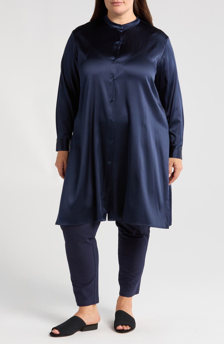 Eileen Fisher Band Collar Longline Stretch Silk Button-Up Shirt, Main, color,