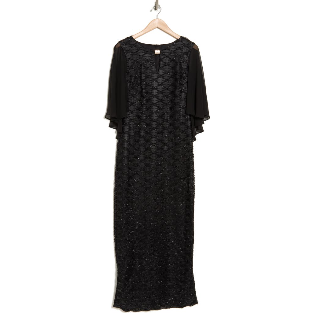 Connected Apparel Cape Sleeve Rhinestone Gown In Black