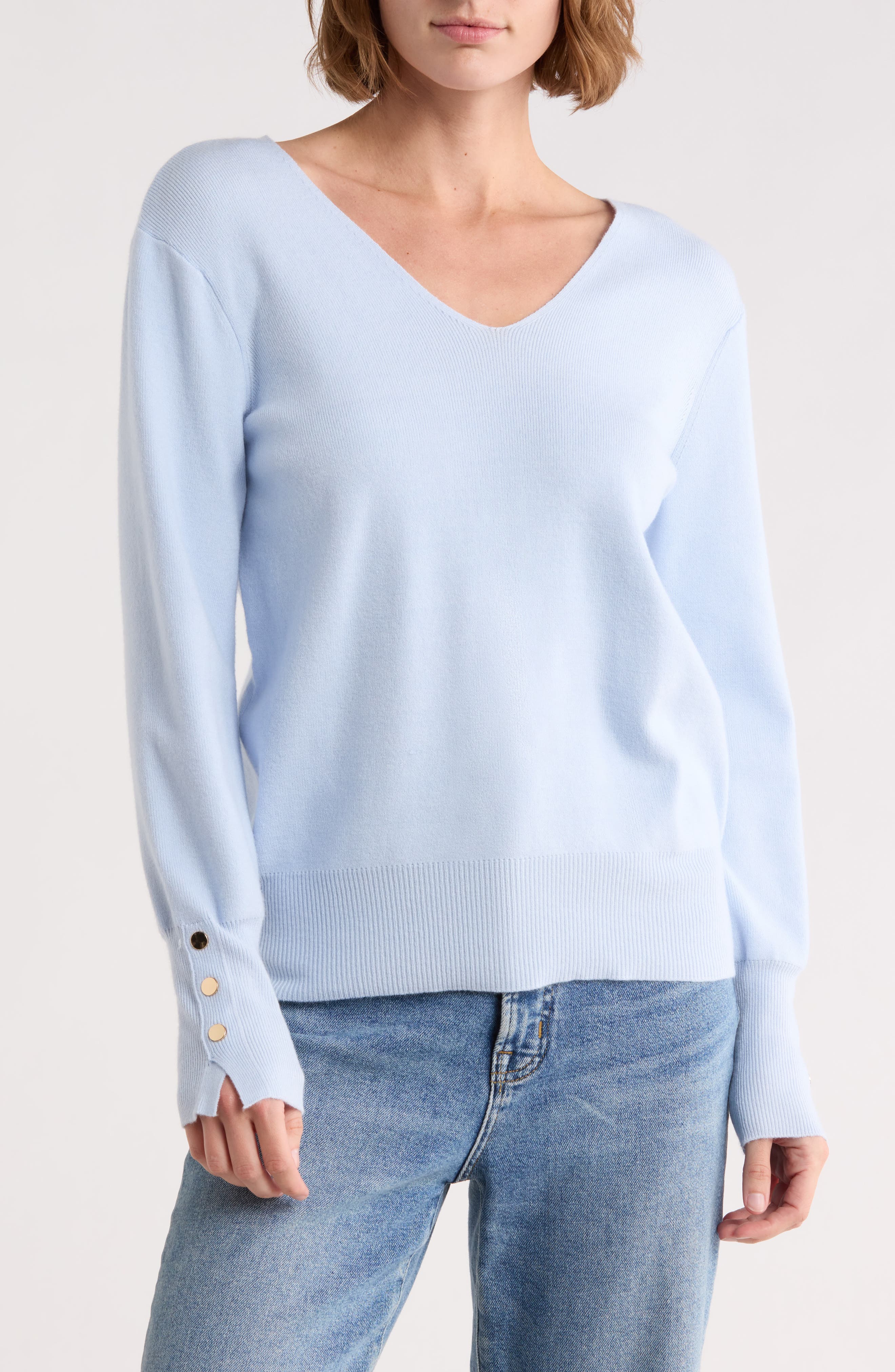 T Tahari V-Neck Snap Cuff Sweater