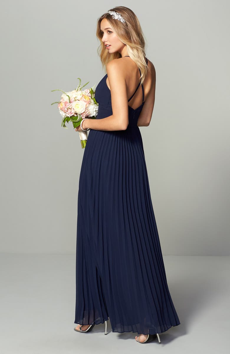 Lulus Plunging V-Neck Pleat Georgette Gown, Alternate, color,