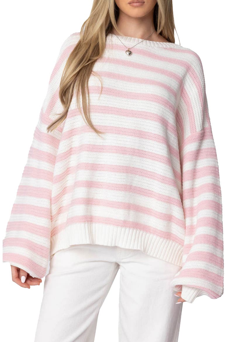 Aerin Oversize Stripe Cotton Sweater, Main, color, LIGHT-PINK-AND-CREAM