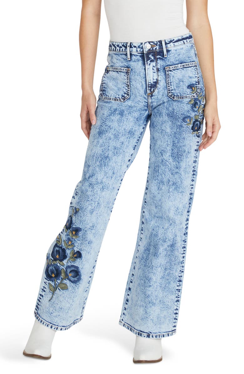 Driftwood Charlee Patch Pocket x Bouquet Embroidered Wide Leg Jeans, Main, color, Light Marble