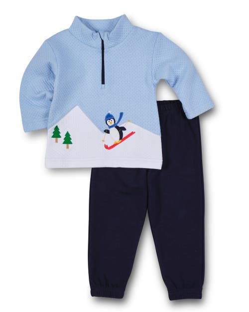 Florence Eiseman Jacquard Knit Half Zip With Skiing Penguin In Blue