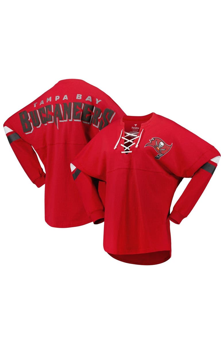 FANATICS Women's Fanatics Branded Red Tampa Bay Buccaneers Spirit Jersey Lace-Up V-Neck Long Sleeve T-Shirt, Main, color, Red