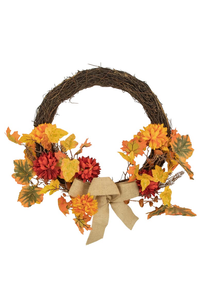 Northlight Mums and Maple Leaves Artificial Floral Fall Harvest Half Wreath with Burlap Bow - 20", Main, color, 