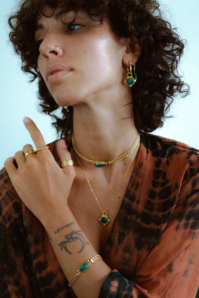 Esther Pearl Drop Hoop Earrings, Alternate, color, Brass