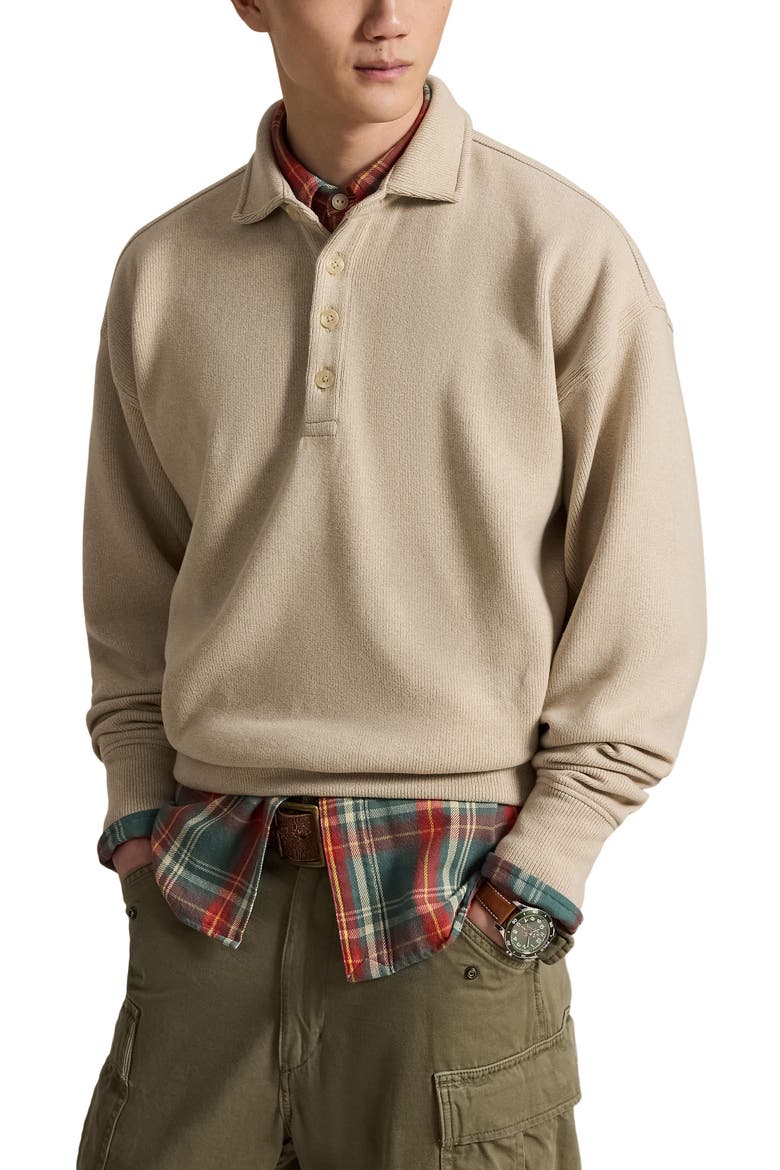 Sueded Heritage Rib Knit Polo Pullover, Main, color, DUNE TAN