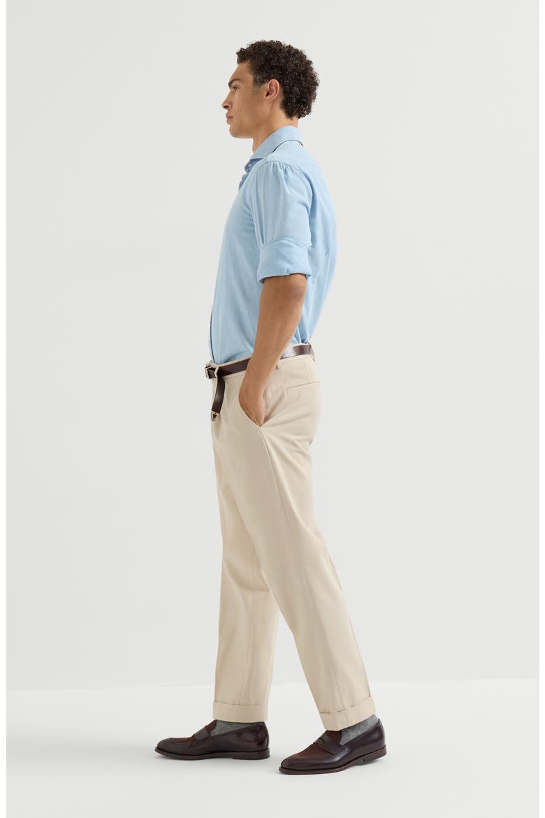 Cotton and virgin wool gabardine trousers with pleat, Alternate, color, Ivory