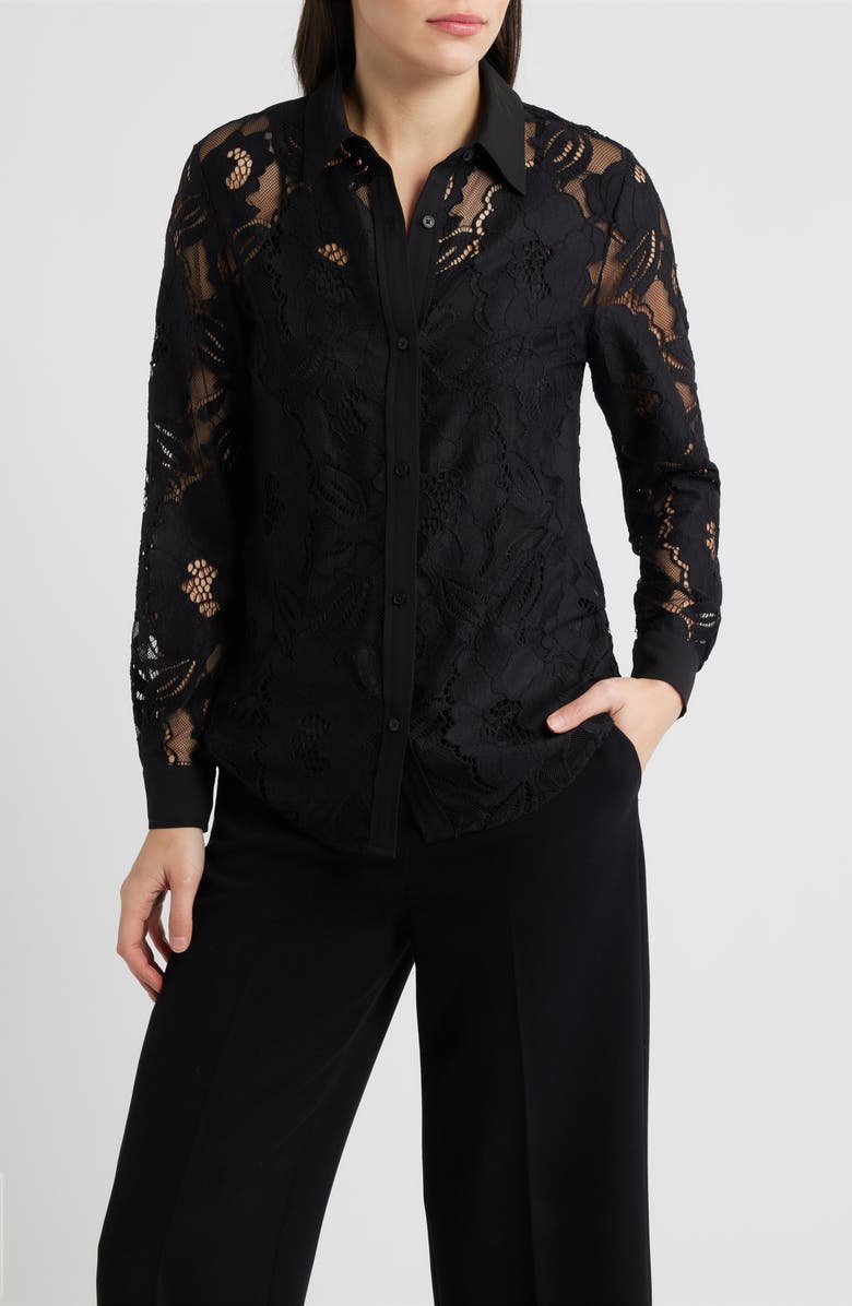 Anne Klein Lace Button-Up Shirt, Main, color, Anne Black