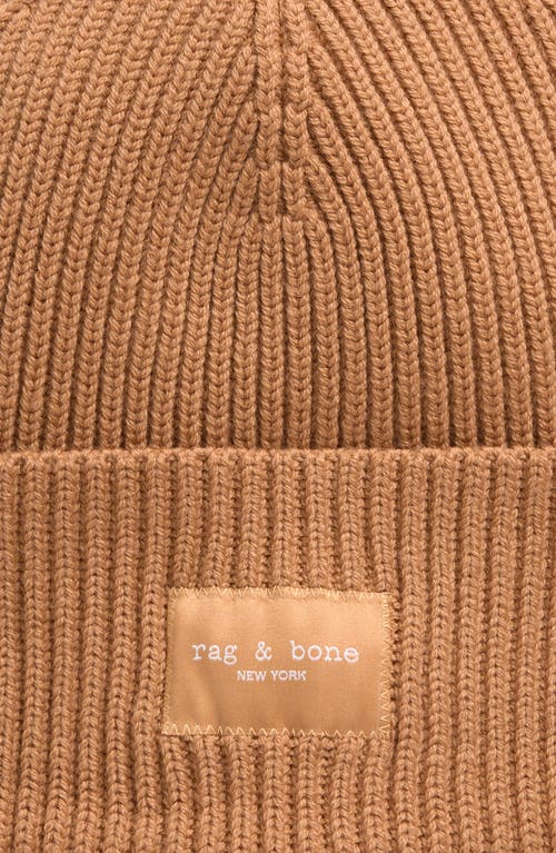 Rag & Bone Blake Logo Patch Wool Blend Rib Beanie In Brown