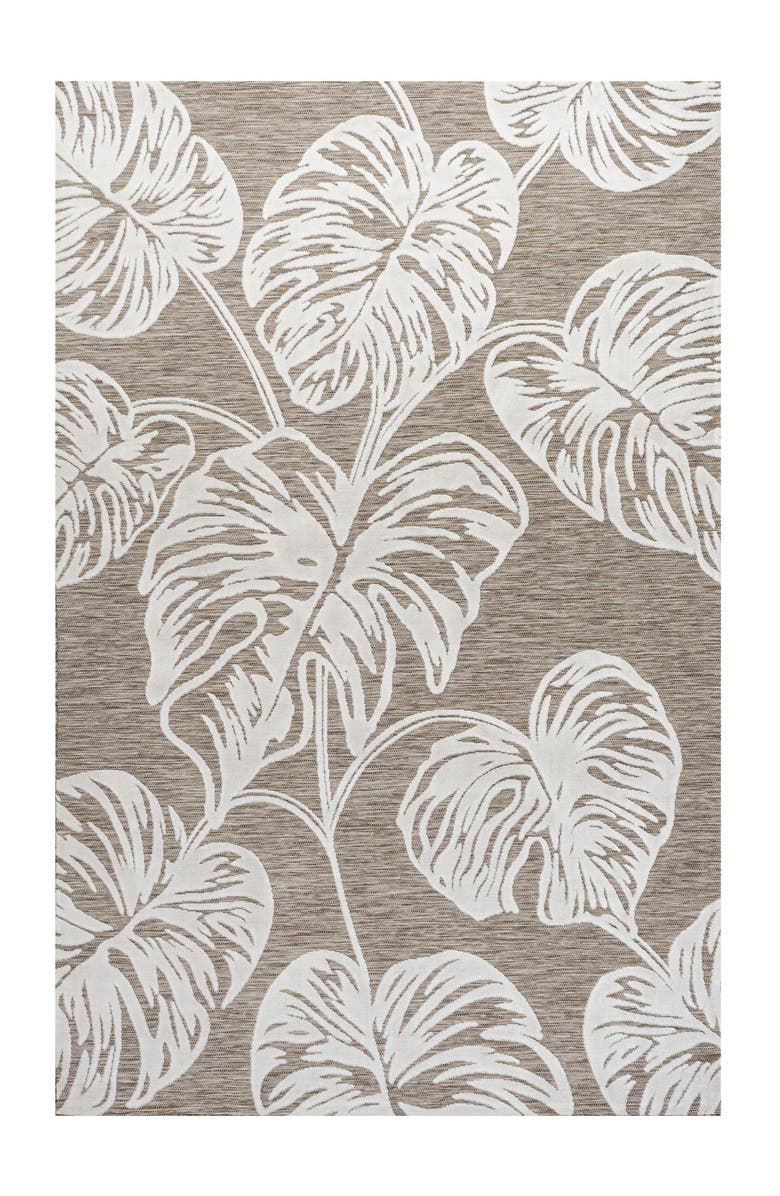 JONATHAN Y Tobago High-Low Two-Tone Monstera Leaf Indoor/Outdoor Area Rug, Main, color, Brown/Ivory