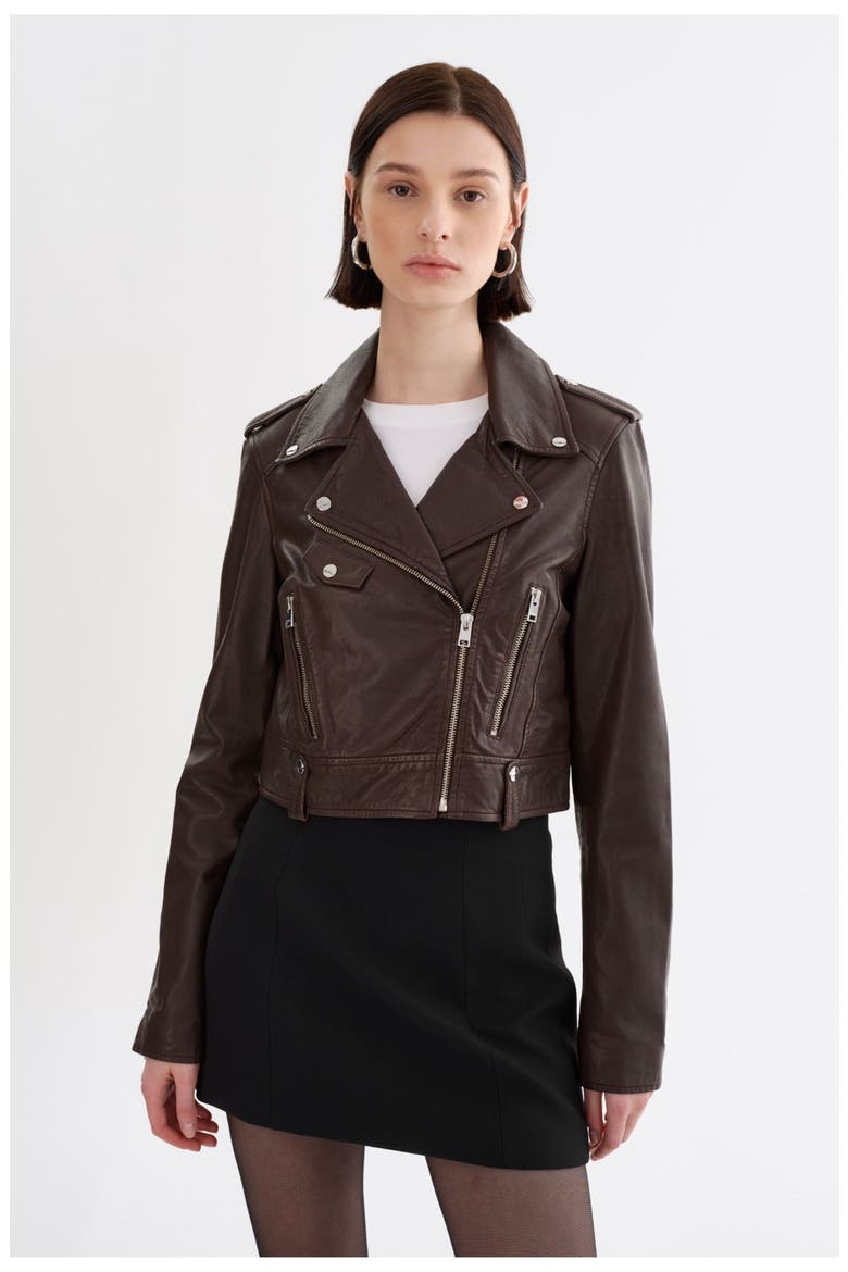 Ciara | Cropped Leather Biker Jacket, Main, color, Dark Brown