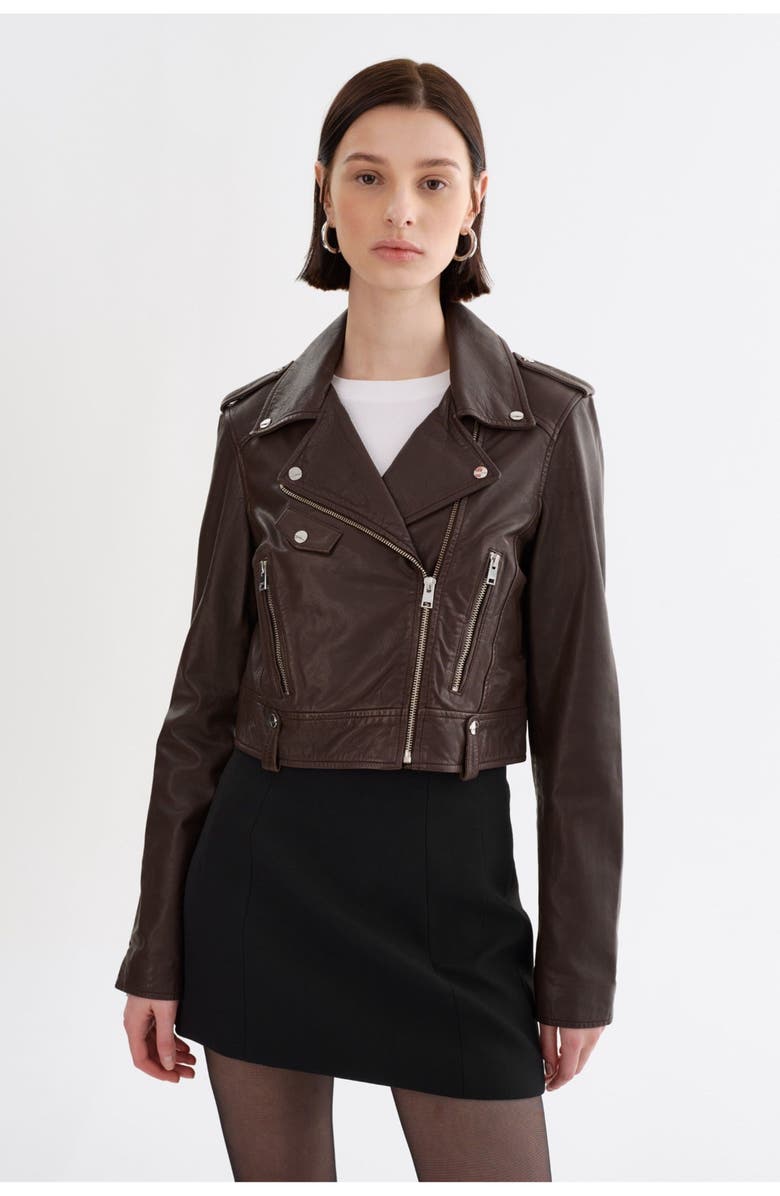 LAMARQUE Ciara | Cropped Leather Biker Jacket, Main, color, Dark Brown