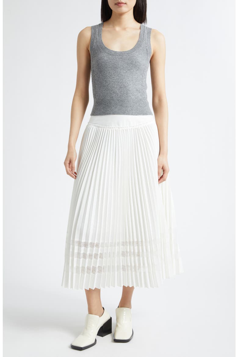 Lace Trim Crepe Pleat Midi Skirt, Alternate, color, WHITE