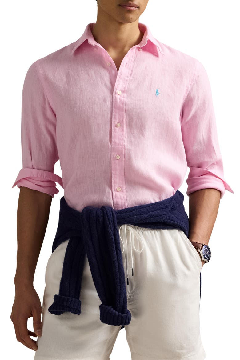 Classic Fit Solid Pink Linen Button-Down Shirt, Main, color, CARMEL PINK