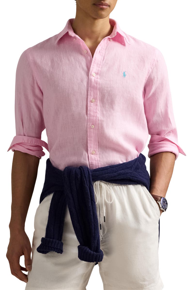 Polo Ralph Lauren Classic Fit Solid Pink Linen Button-Down Shirt, Main, color, 